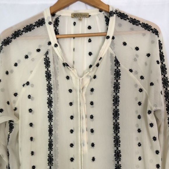 Democracy Sheer Cream Blouse with Black Long Sleeve Embroidery Size M - Picture 4 of 12